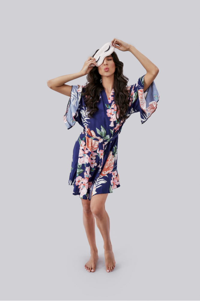 Floral Ruffled Robe - Navy Blue